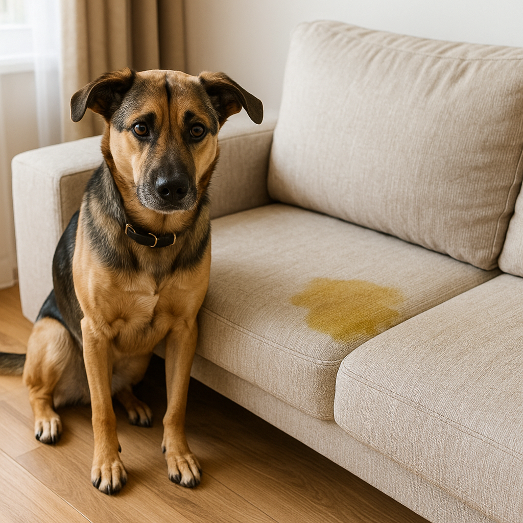 guilty dog beside fresh urine stain on beige sofa