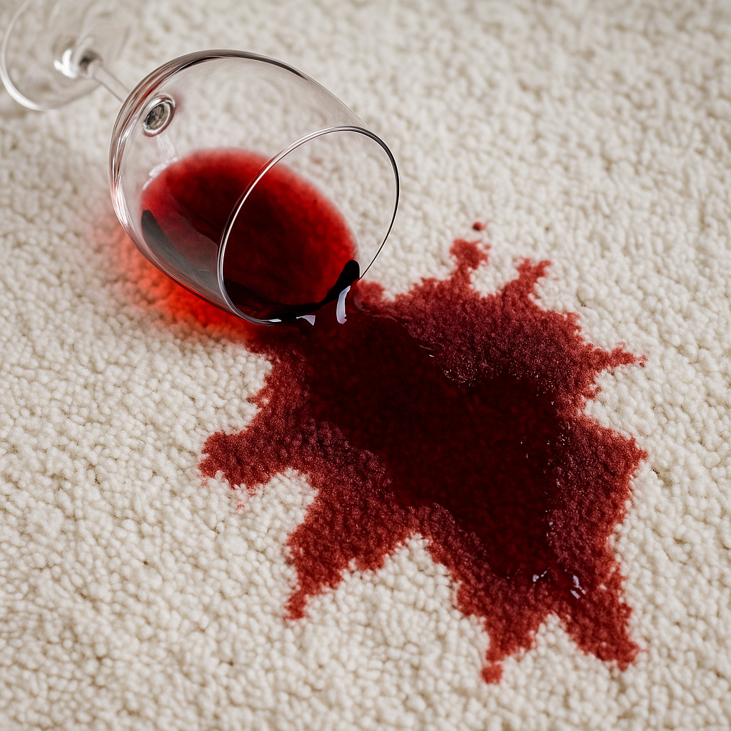 red wine spilling from glass onto white carpet